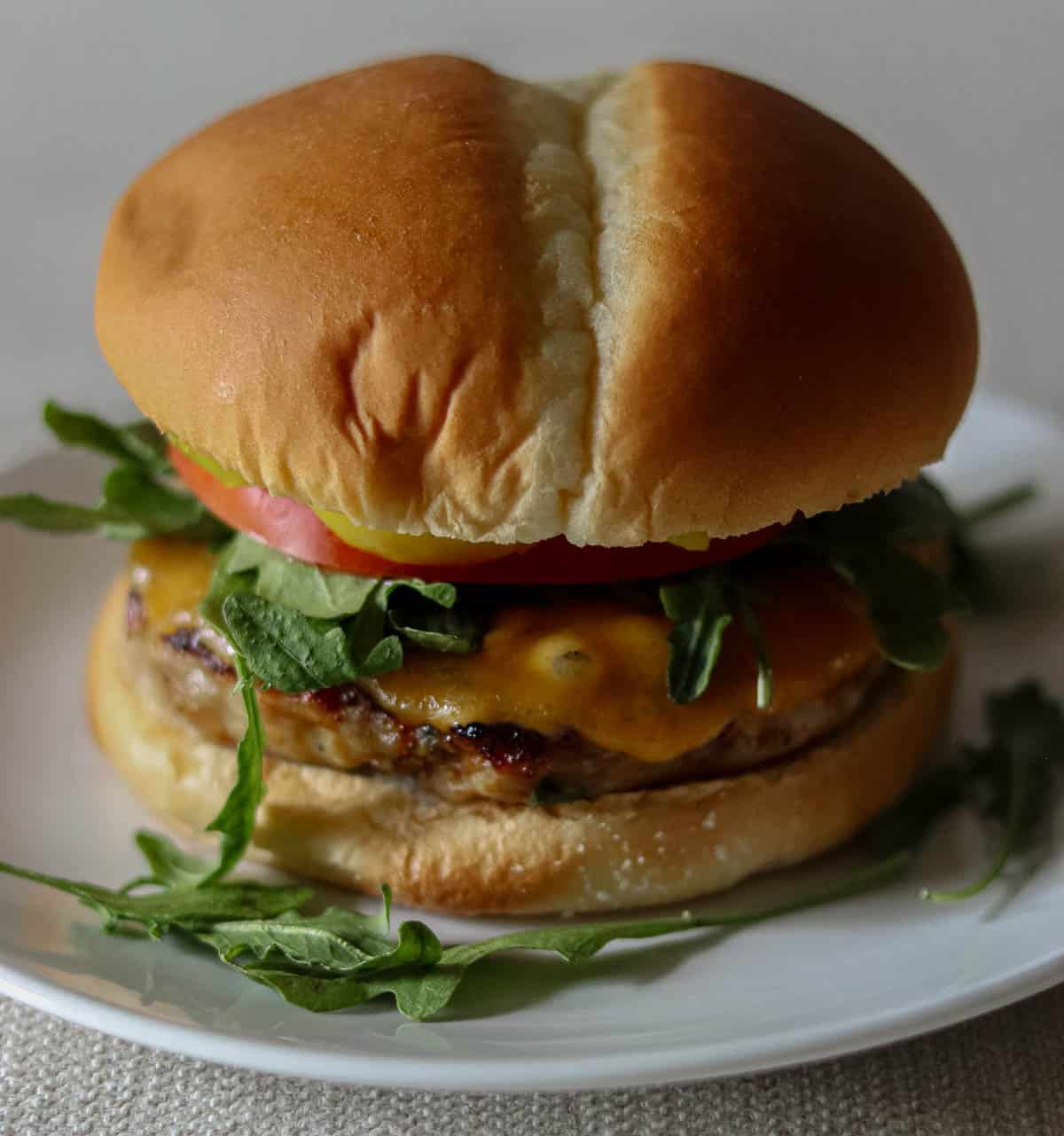 Chicken burger with melted cheddar cheese.