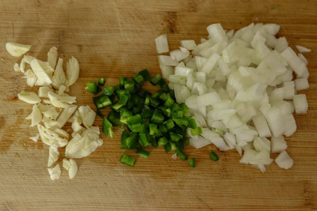 Chopped garlic, jalapeno, and onion.