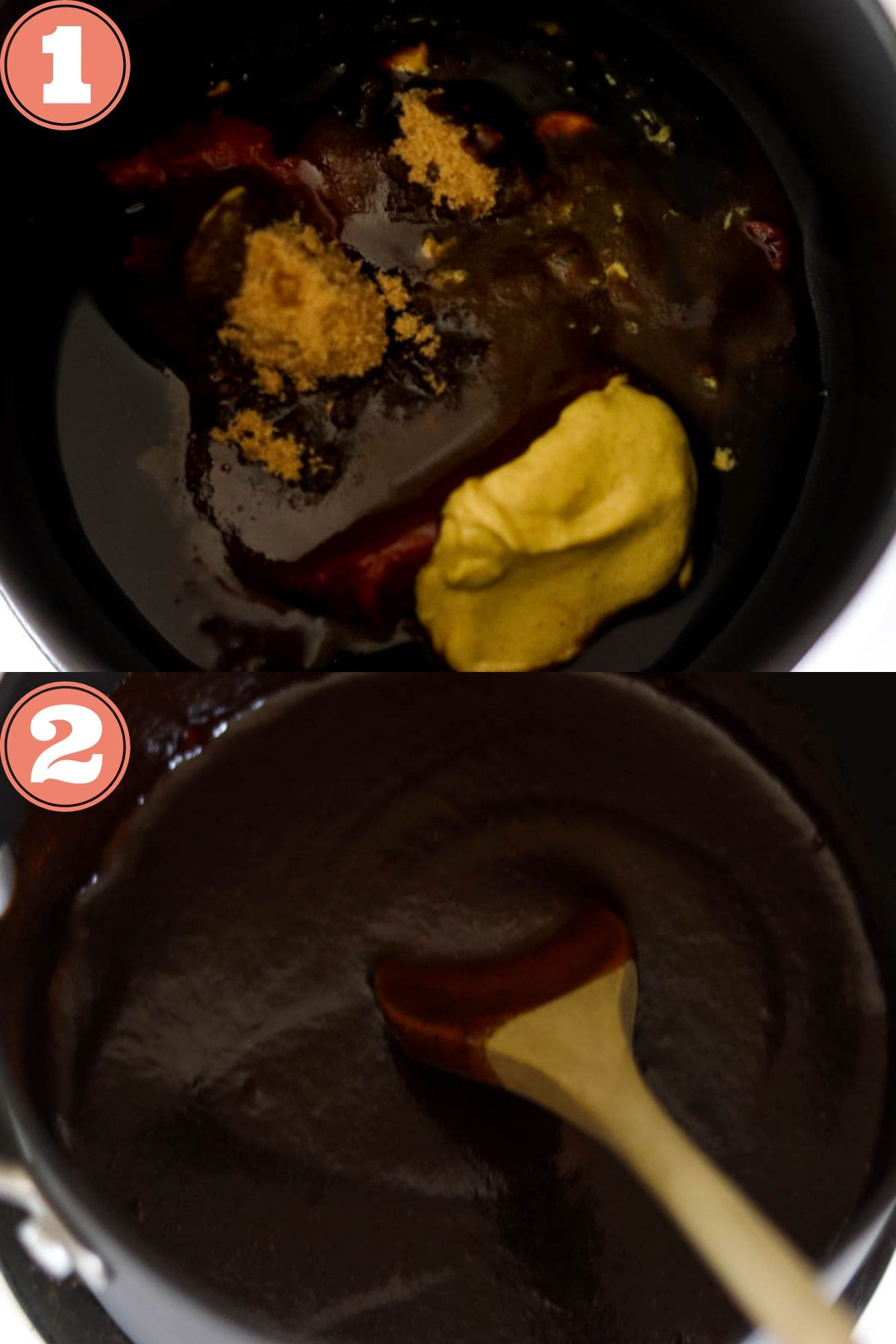 Photos of the sauce ingredients added to the pan and the sauce cooking.