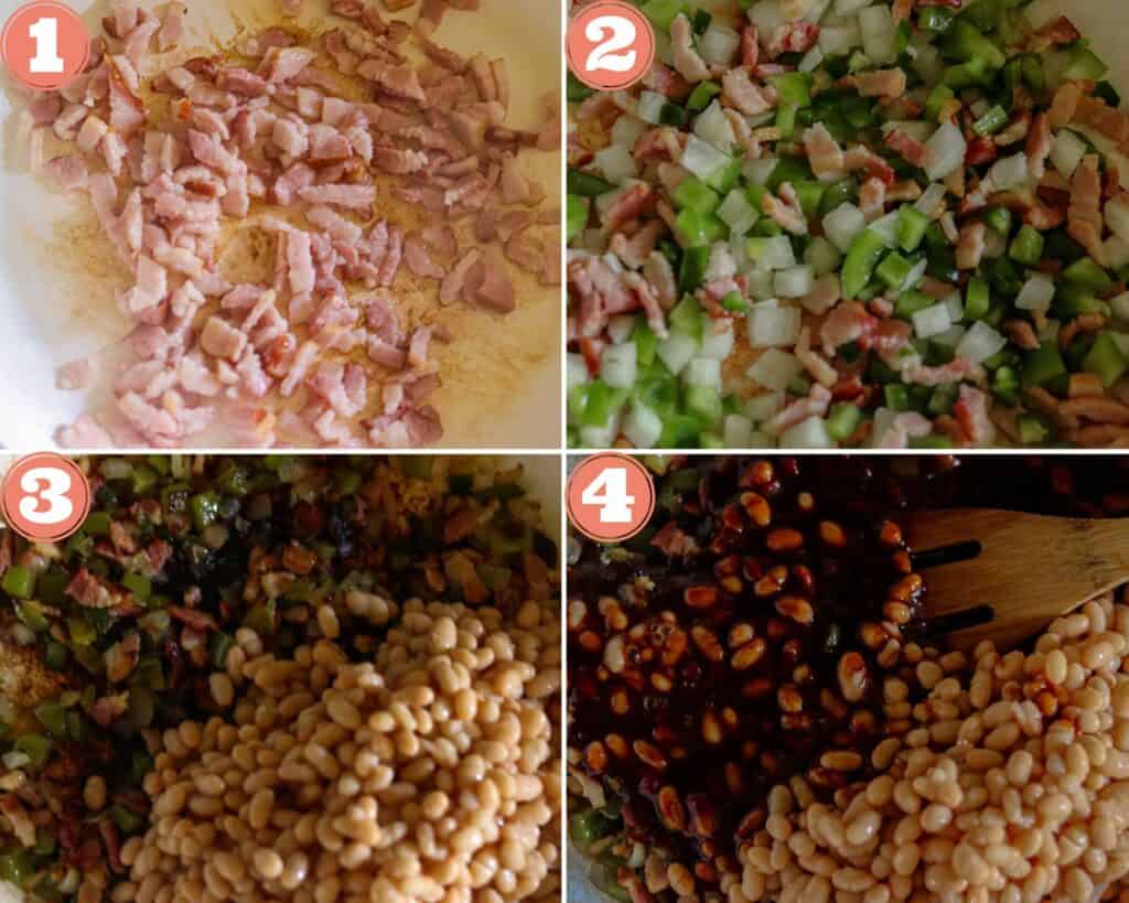 Photos showing the steps to make the jalapeno bacon baked beans.