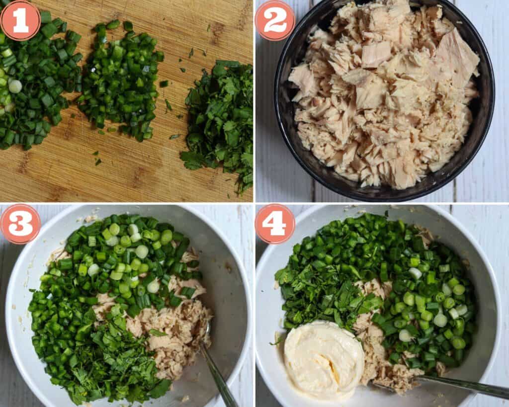 Photos showing the process of assembling the tuna salad.