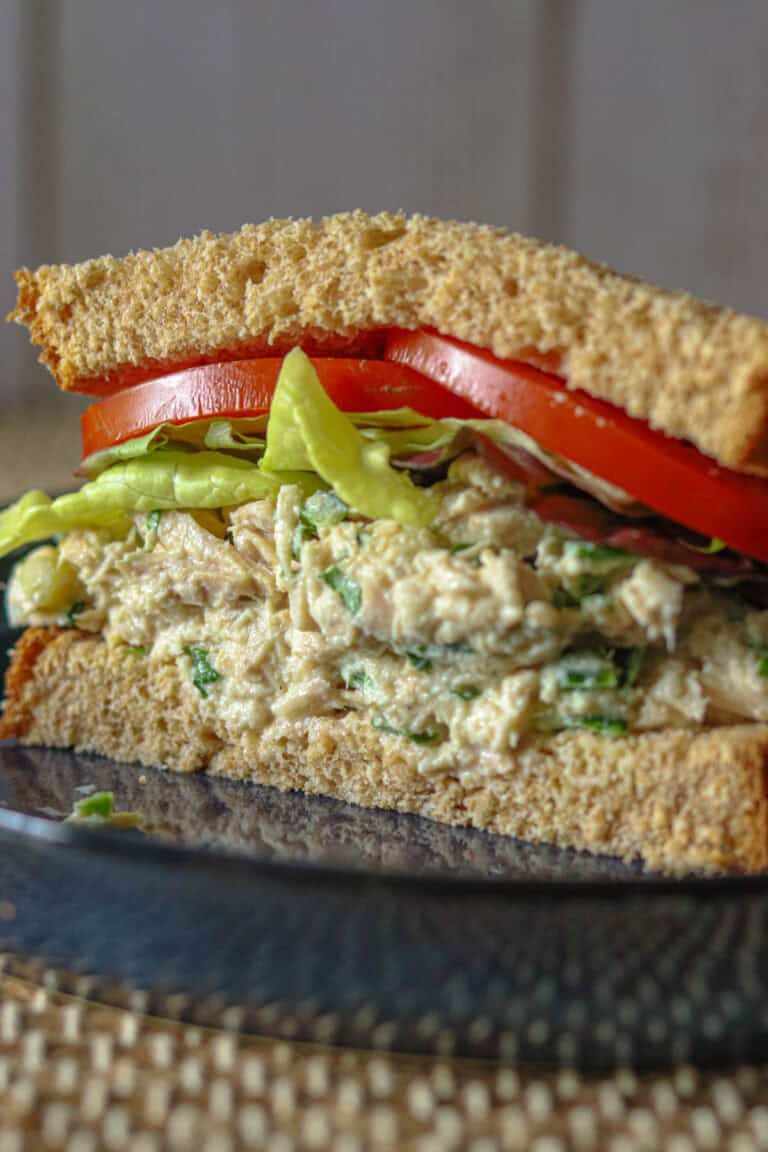 Tuna salad sandwich on a blue plate.