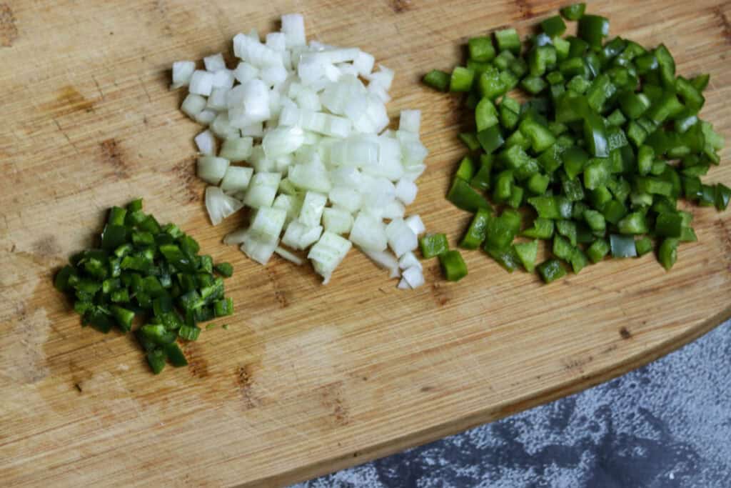 Chopped onion, bell pepper, and jalapeno.