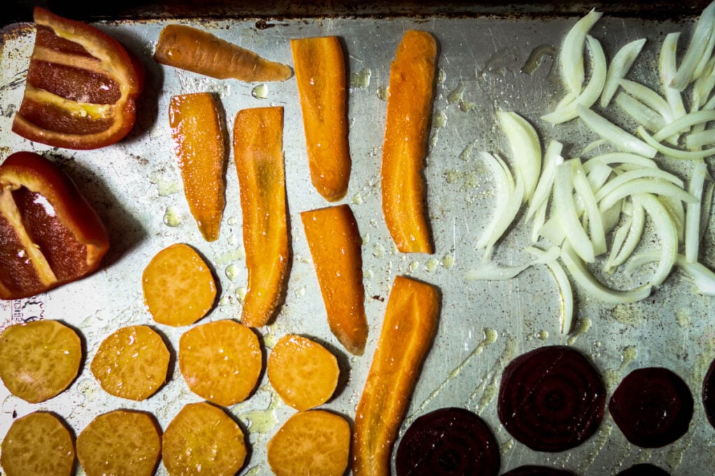 Vegetables on a baking sheet.