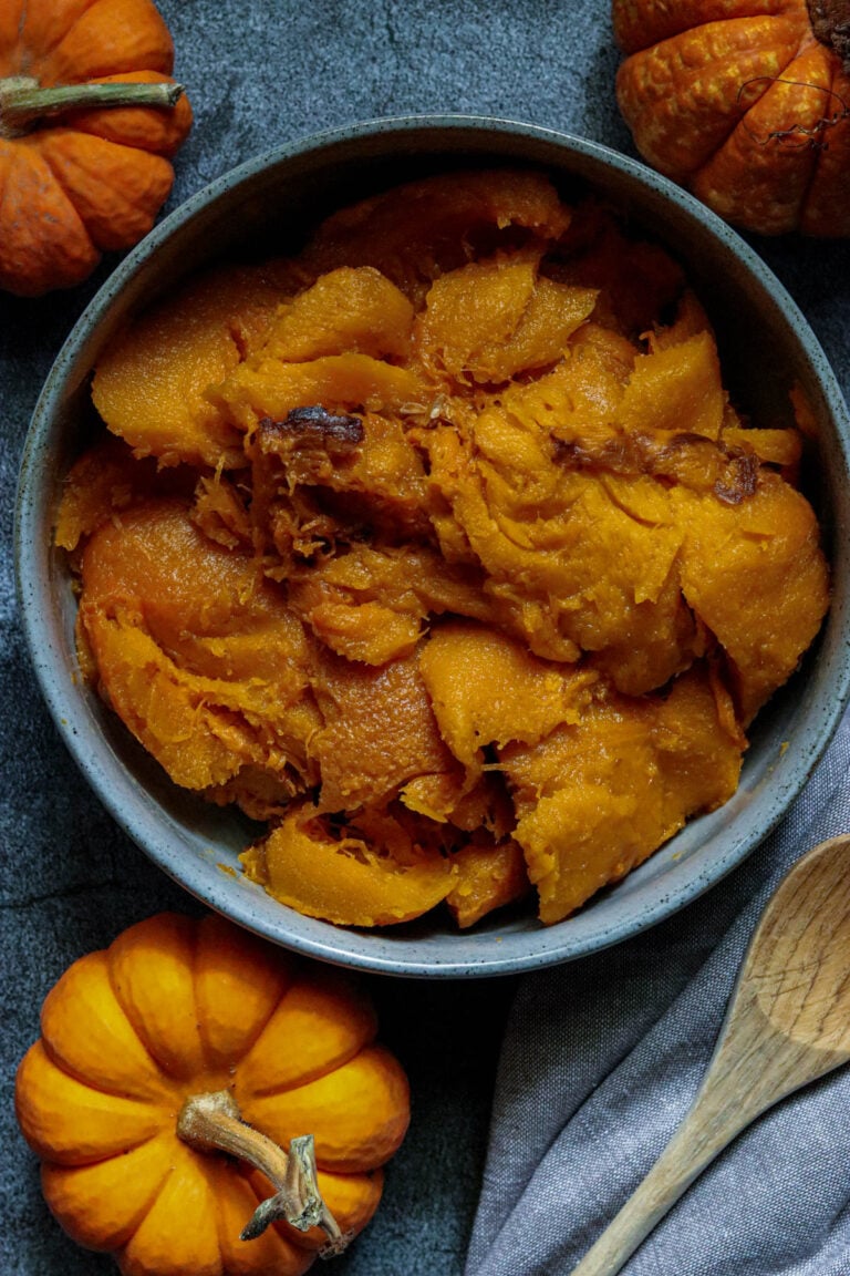 Pumpkin puree made from scratch in a large bowl.