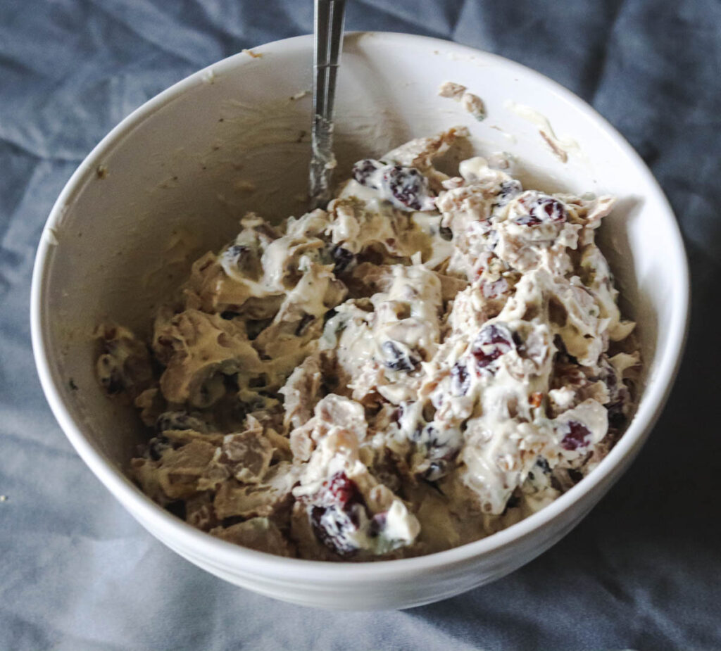 Turkey salad after adding the ingredients and stirring.