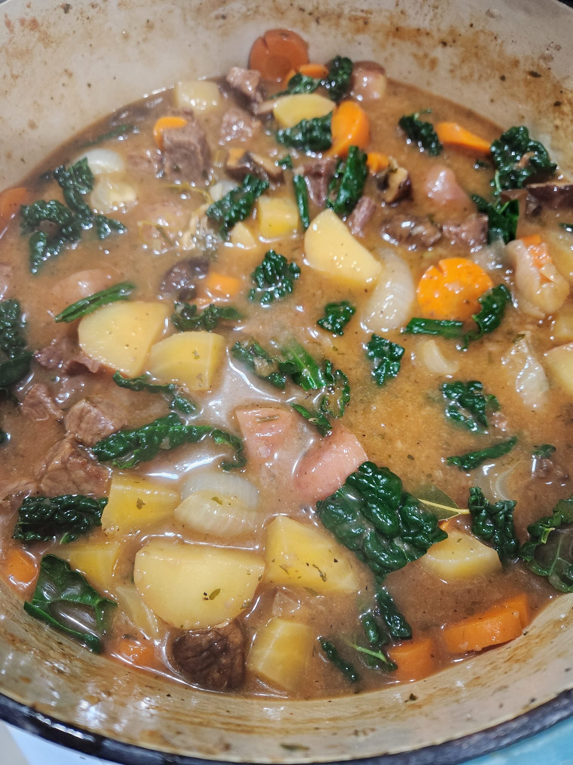 Photo of the stew after the hard cider and apple cider are added.