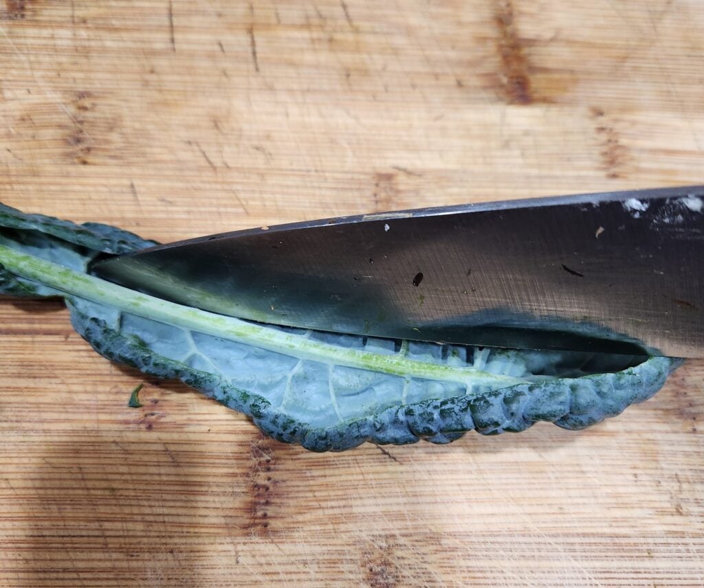 Photo showing how to cut the stems from the kale.