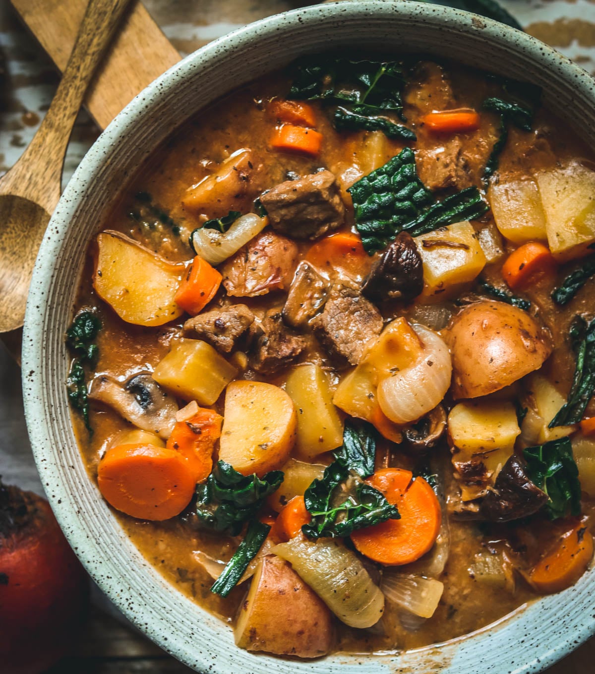 Stovetop beef stew in a bowl with a wooden spoon.