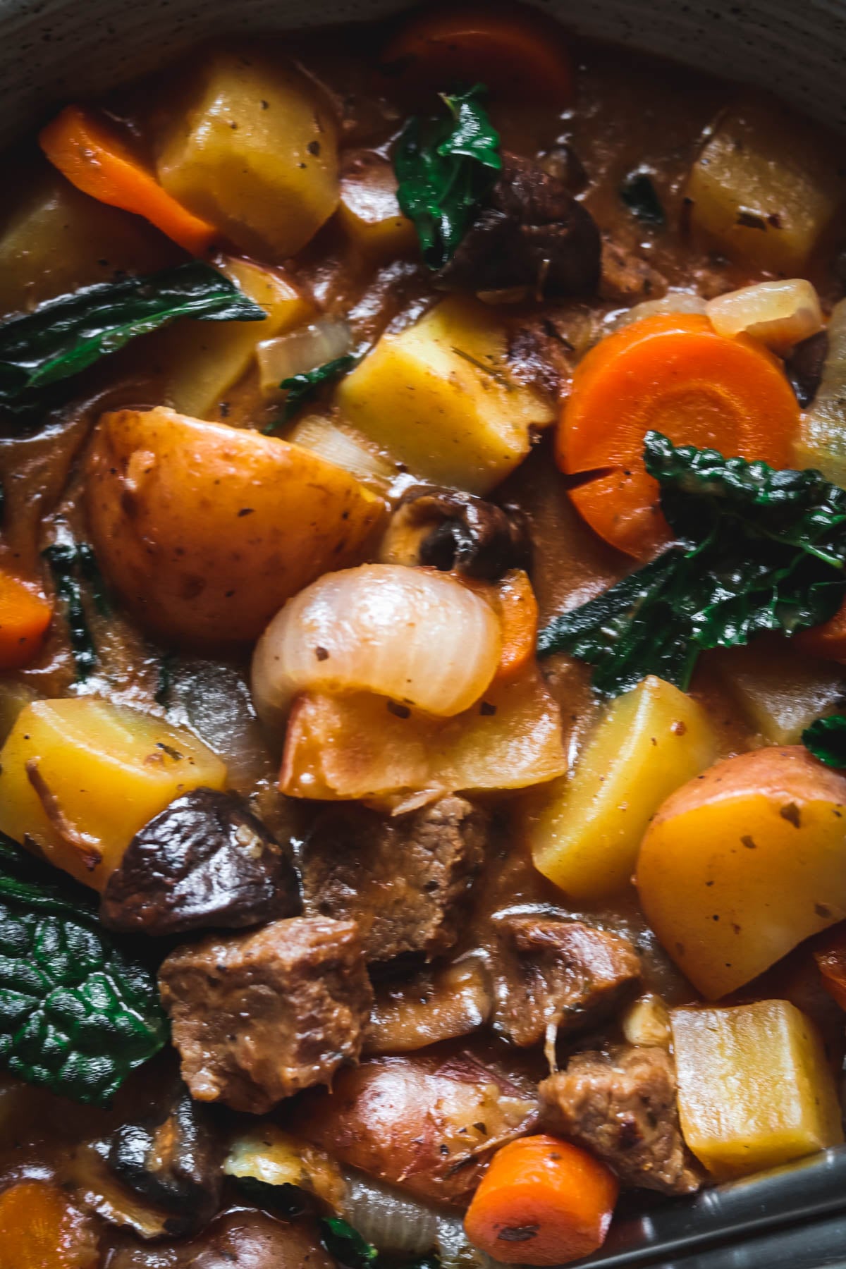 Close up photo of beef stew in a bowl.