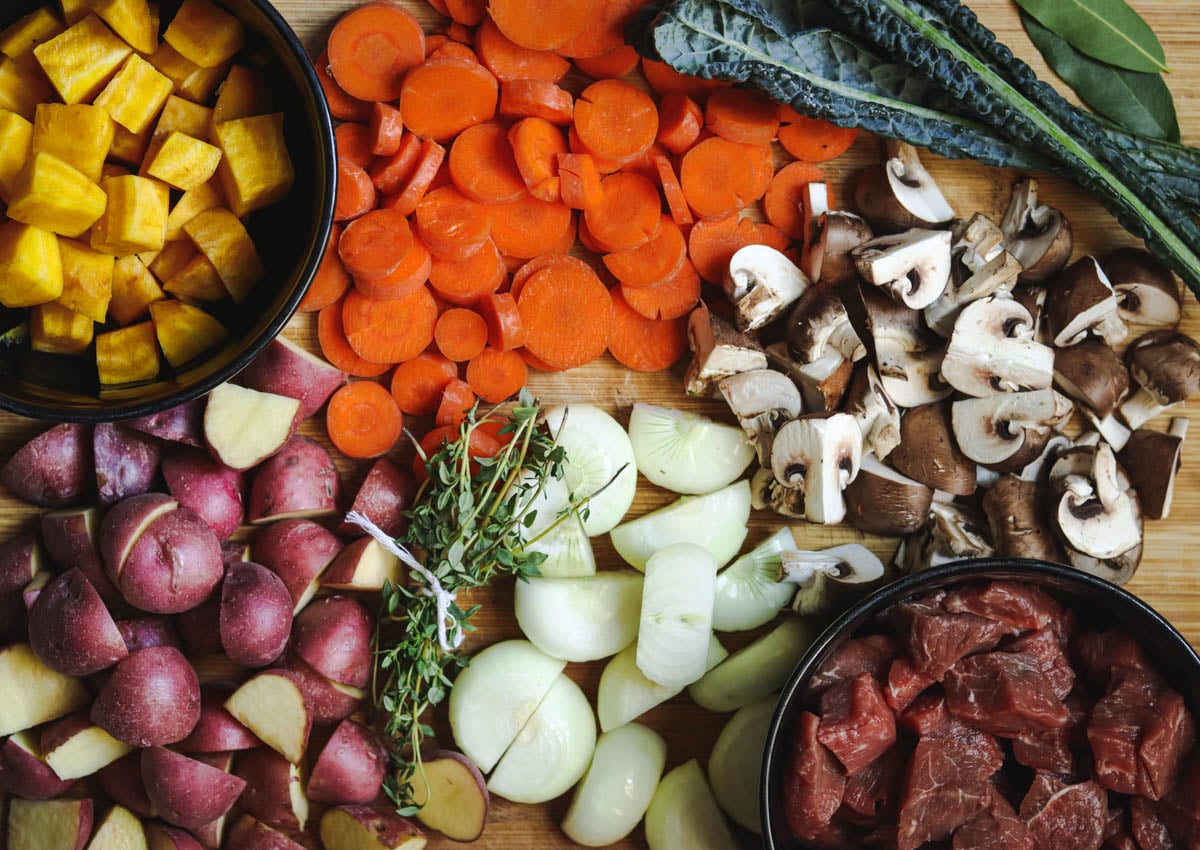 Chopped vegetables for beef stew.
