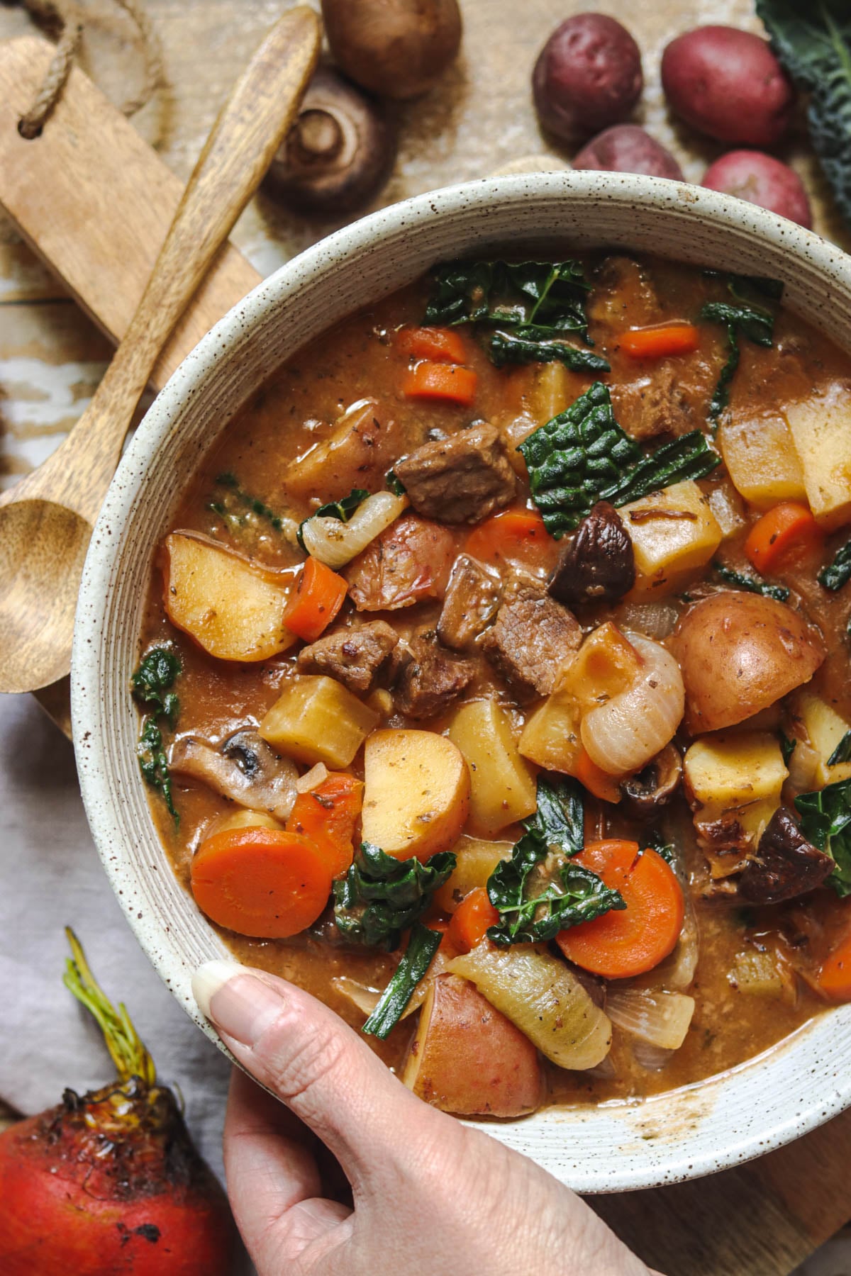 Beef stew in a stoneware bowl.