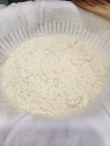 Curds and whey in the cheesecloth.