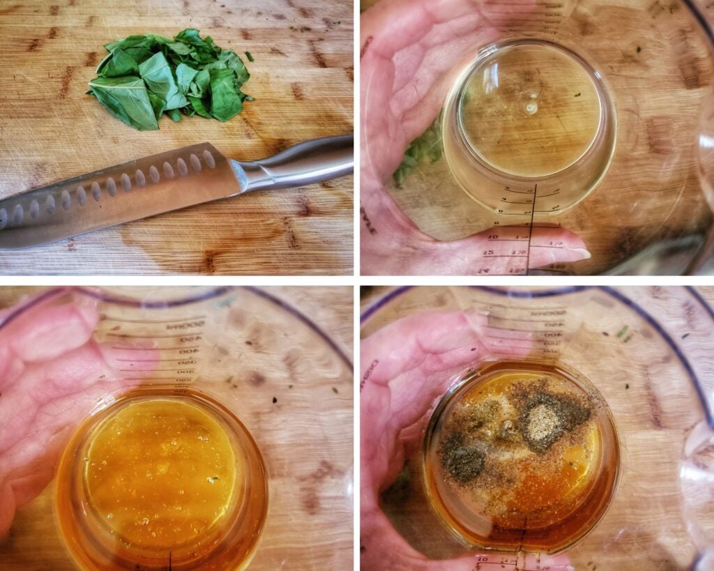 Photo of steps for making basil vinaigrette.