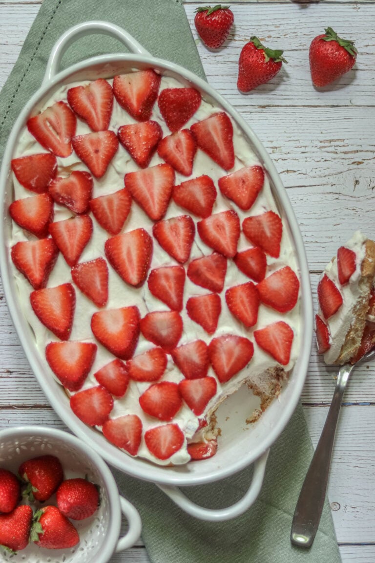 White dish of strawberry tiramisu.