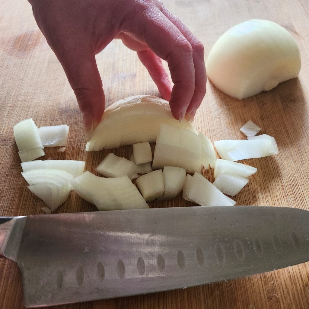 Dicing onion.